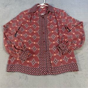 Max Studio Women’s Red Geometric print Button Up Long Sleeves Shirt, size XS